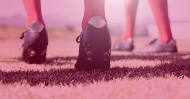 A detailed close-up of a runner's foot striking the ground, captured with high-speed cameras and overlaid with biomechanical analysis data (angles, force vectors). The background shows a blurred running track. The image emphasizes the precision and data-driven analysis of running technique.