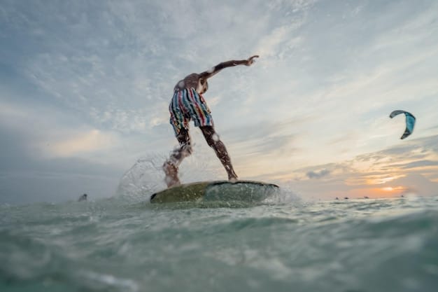 A dynamic action shot of a Brazilian surfer riding a massive wave during an international surfing competition. The surfer is skilled and determined, and the wave is powerful and imposing.