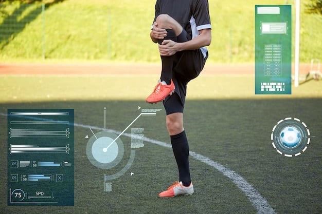 Close-up of a soccer player's leg with sensors and digital data overlayed, showing real-time monitoring of muscle strain and biomechanics. The colors represent stress levels on the muscles.