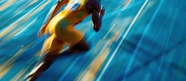 A dynamic shot of a Brazilian swimmer competing in a qualifying race for the Olympics. The swimmer is captured mid-stroke, with water splashing around them, showcasing their speed and determination. The background shows the competitive environment of the swimming meet with other athletes and timers.