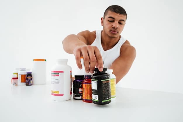 A close-up shot of a sports nutritionist holding a DNA testing kit, with a background showing various sports supplements and healthy foods.