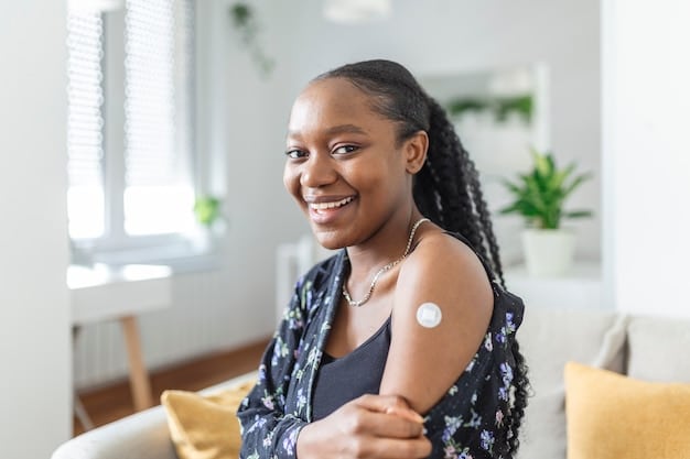 A close-up of a healthcare professional administering a flu shot to a smiling adult patient in a clinic setting. The scene emphasizes the positive and routine nature of vaccinations.
