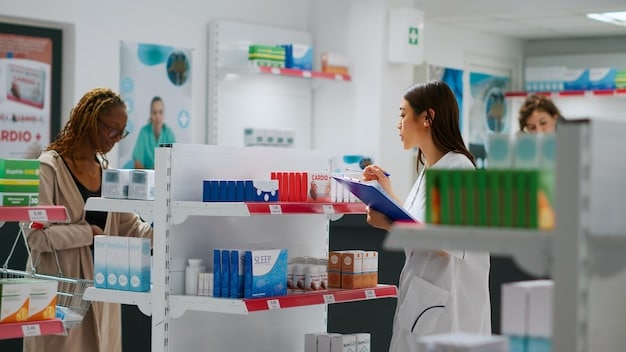 A brightly lit interior of a modern pharmacy with a pharmacist assisting a customer. Shelves with various medications and health products are visible in the background.