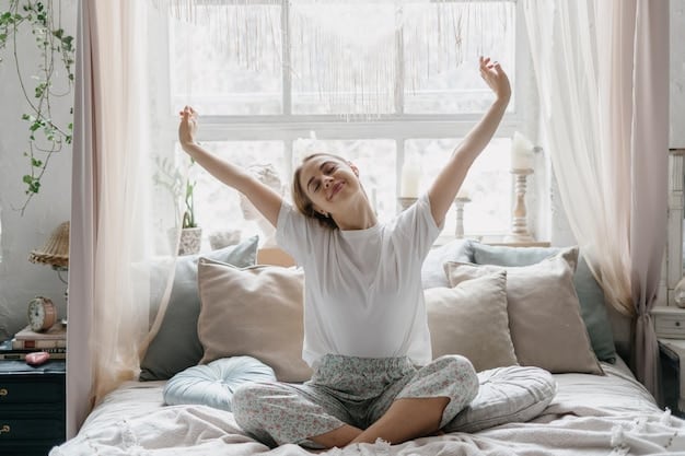 A person waking up refreshed and smiling, stretching in a bright and airy bedroom, symbolizing the benefits of quality sleep on mood and productivity.
