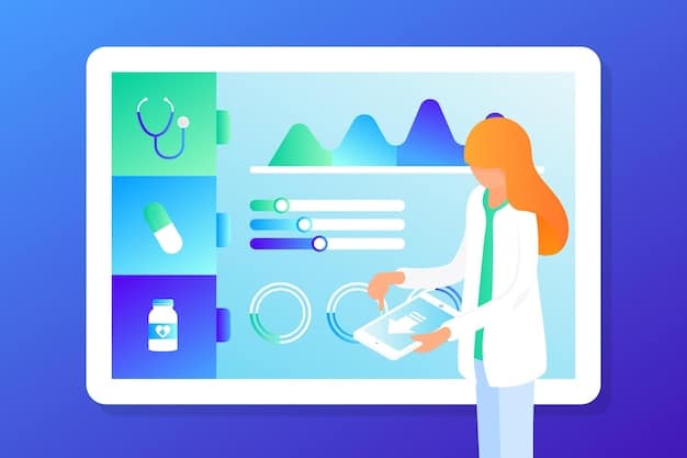 An illustration of a doctor using an AI-powered interface to monitor a patient's vital signs and treatment progress in real-time in a Brazilian hospital. The interface should display real-time data analysis, predictive outcomes, and personalized treatment recommendations.