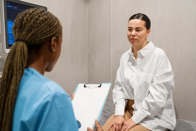 A doctor explaining a medical report to a female patient in a bright and modern clinic setting, emphasizing the importance of early diagnosis and preventive care.