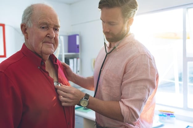 A middle-aged man during a check-up with a doctor, focusing on heart health. Both are looking at a monitor displaying a healthy heart rhythm.