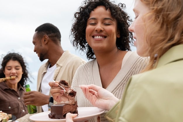 A diverse group of people enjoying various sugar-free or reduced-sugar desserts and drinks at a party, with a focus on the social aspect and satisfaction despite the absence of regular sugar.