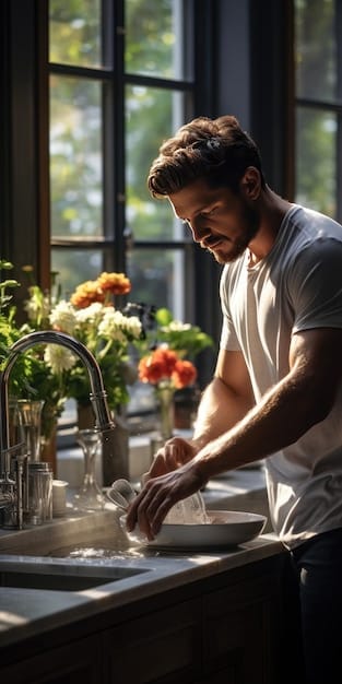 A person mindfully washing dishes at a kitchen sink, focusing on the sensations of the warm water and the textures of the dishes. The scene is calm and serene, with natural light filtering through the window.