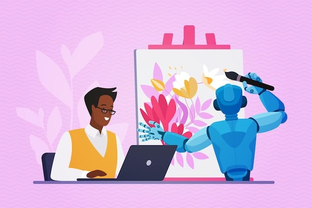 A digital illustration of an AI assistant helping a marketing team generate creative social media content. The assistant is providing suggestions for text and visuals, while the team is reviewing and refining the content. The scene emphasizes collaboration between humans and AI in the creative process.