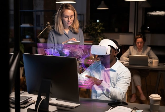 A futuristic office scene where employees are interacting with AI-powered interfaces on their desks. They are using AI to analyze data, create reports, and collaborate on projects. The scene highlights how AI tools are becoming integrated into daily workflows, making employees more efficient and productive.