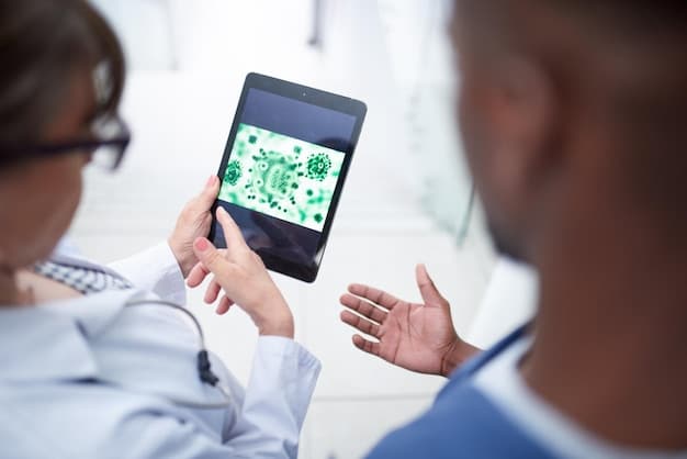 A doctor using a tablet to monitor a patient's vital signs remotely, with a 5G network icon displayed on the screen, highlighting the connectivity and real-time data transmission.