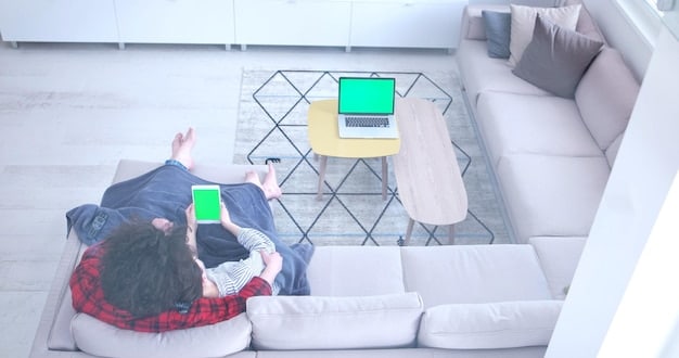 A person using a smartphone to virtually place furniture in their living room using an augmented reality app. The furniture appears realistic and fits seamlessly into the existing environment.