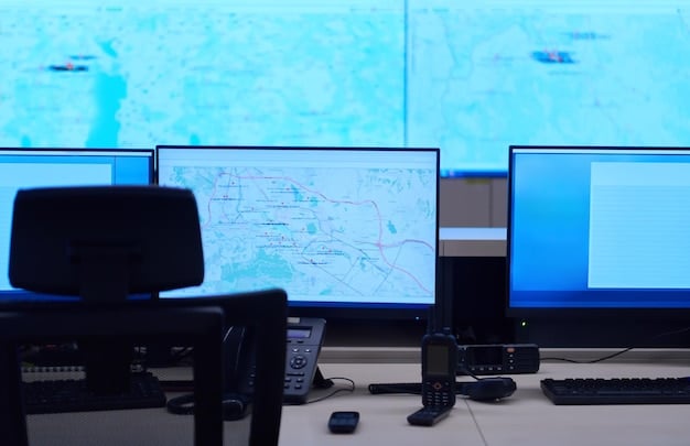 A security operations center with multiple screens displaying cybersecurity threat analysis and monitoring dashboards. Cyber security analysts are working at their stations, focusing on identifying and mitigating potential ransomware threats.