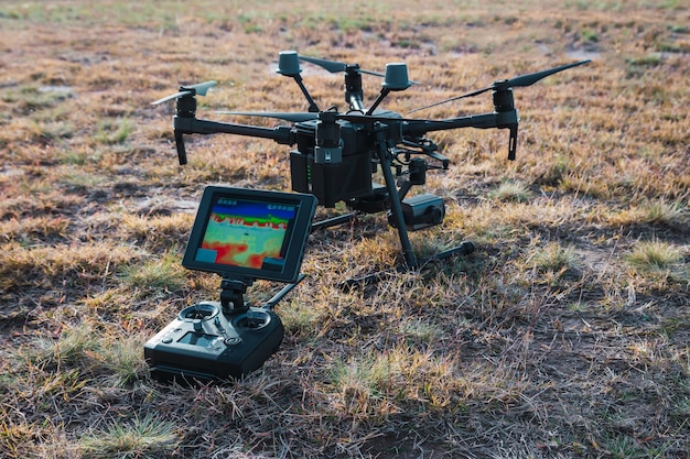 Close-up of a drone with a multispectral camera, showcasing the high-tech equipment used for data collection in precision agriculture, with a focus on the camera lenses and sensors.
