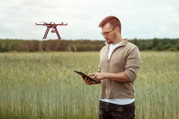 A farmer using a tablet to analyze drone data in the field, with a drone flying in the background, showcasing the integration of technology and agriculture in a real-world setting.