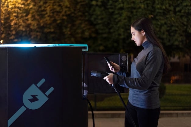 A close-up shot of a charging station specifically designed for electric vehicles, highlighting its sleek design and user-friendly interface. The charging station is connected to an electric car, indicating the charging process in action. The background shows a modern urban environment with trees and green spaces, emphasizing the eco-friendly nature of electric vehicles.
