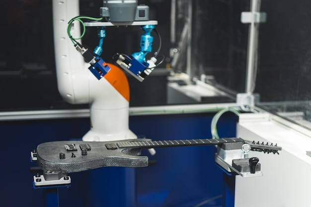 A collaborative robot arm performing a quality inspection on a machined metal part. The robot is equipped with a camera and sensors that detect imperfections with high precision. A screen displays the inspection results in real-time.