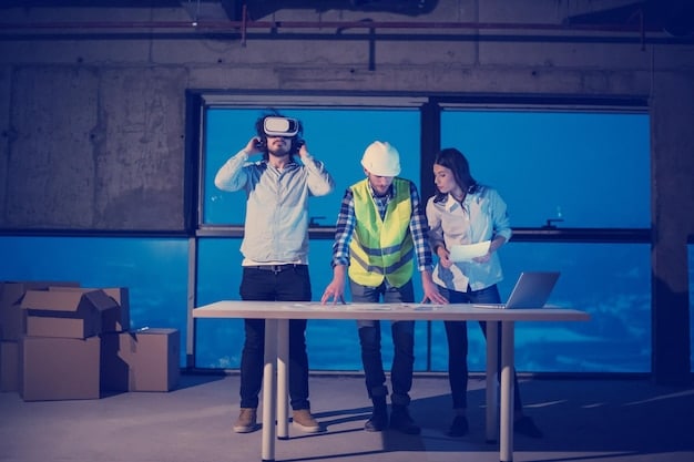 A group of trainees in a virtual reality environment, learning to operate heavy machinery. The VR headset displays a realistic simulation of the machinery and the surrounding environment.