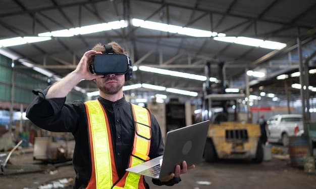An industrial engineer using VR to train on a virtual assembly line, with digital overlays showing instructions and performance metrics.