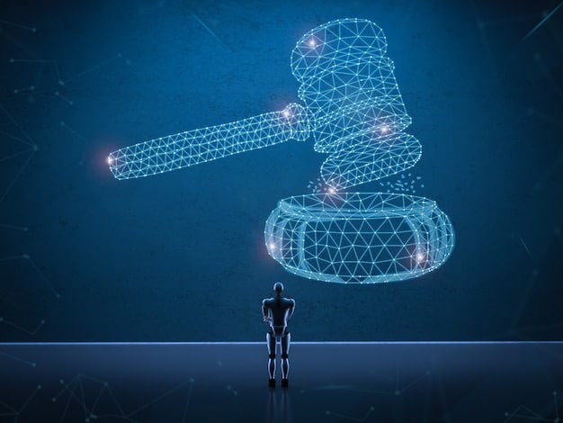 A digital gavel hitting a virtual surface within a metaverse environment, symbolizing the legal and regulatory challenges of the metaverse. Data streams and code surround the gavel, representing data privacy and cybersecurity concerns.