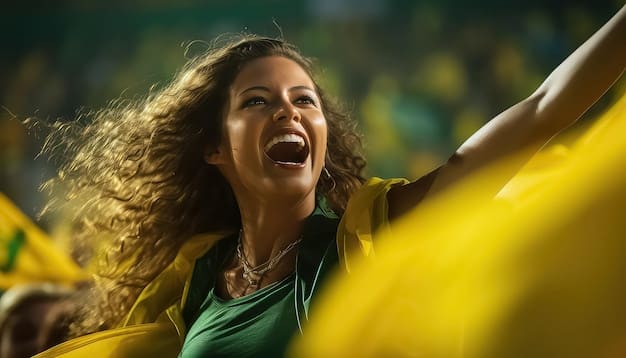 Brazilians passionately celebrating a goal during a soccer match in a crowded stadium, showcasing intense emotions and team colors. Capture the electric atmosphere and the collective joy of the crowd.