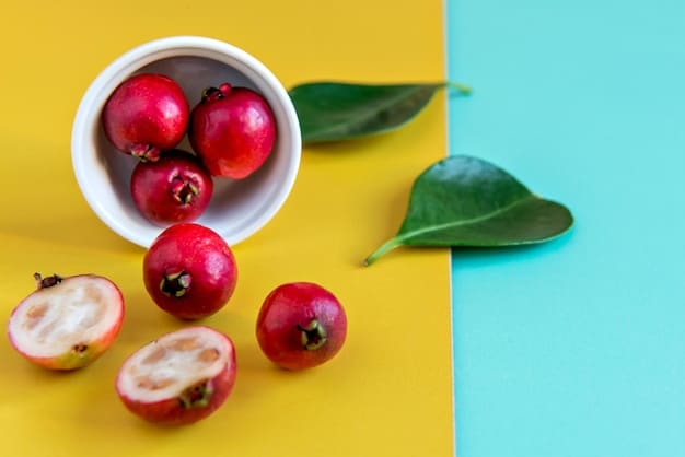 A close-up shot of fresh araçá fruits, showcasing their vibrant colors and textures. The fruits are partially sliced to reveal the pulp and seeds. The image should be well-lit to highlight the details and freshness of the araçá, possibly with a few leaves around the fruits to give it a natural feel.