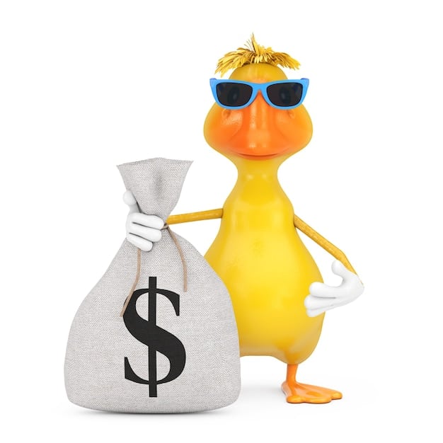 A whimsical illustration depicting a cartoon duck wearing a money bag and looking stressed, symbolizing the popular Brazilian expression 
