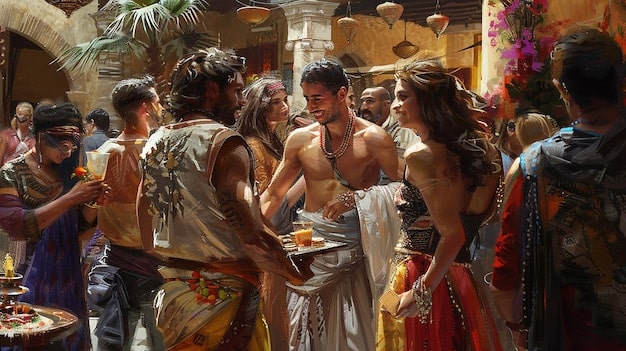 A historical illustration depicting a Roman Saturnalia festival, with people wearing masks, engaging in revelry, and indulging in food and drink, showcasing the origins of Carnaval.