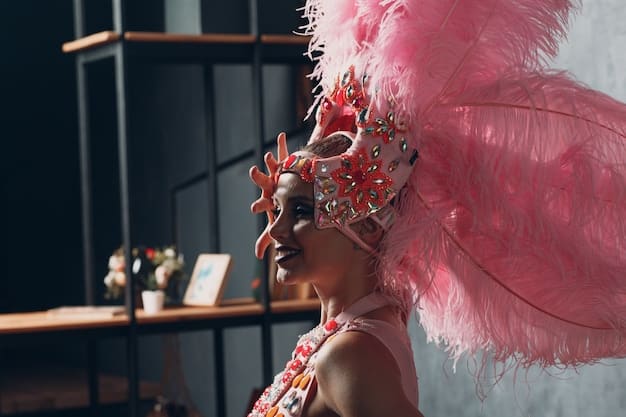 A close-up shot of a samba dancer's elaborate feathered headdress and vibrant costume, capturing the sensuality, energy, and artistry of Carnaval.