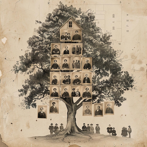 A family tree with old photographs and names written in calligraphy, illustrating the concept of lineage and surname history.