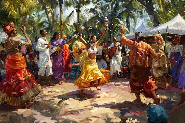 A vibrant painting depicting a capoeira circle, with enslaved people practicing the martial art, and another scene showing a Candomblé ceremony with participants in traditional attire.