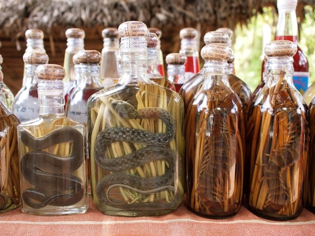 A close-up shot of a variety of aged Brazilian cachaças in different shaped bottles, displayed on a rustic wooden shelf in a traditional cachaça bar. The bottles should have labels indicating the type of wood used for aging and the age of the cachaça. The lighting should be warm and inviting.