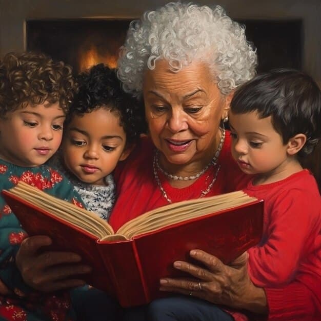 A photograph of an elderly Brazilian woman telling stories to a group of children in a warmly lit living room. The woman has a kind face and is gesturing animatedly, while the children listen intently, their eyes wide with wonder and curiosity.