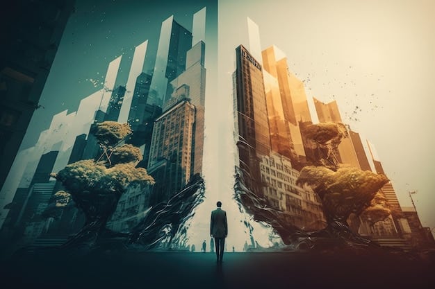 a split image contrasting two economic scenarios: one side depicting a booming economy with high employment and rising inflation, and the other side showing a stagnant economy with high unemployment and low inflation, illustrating the trade-offs faced by the Federal Reserve in setting interest rates.