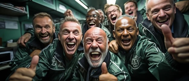 Celebration scene, capturing the euphoria and teamwork of a victorious soccer team. Focus on faces and celebration.