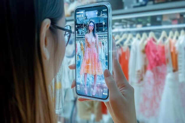 A woman in a clothing store using an augmented reality app on her smartphone to virtually 'try on' different styles and colors of dresses onto her image reflected on the screen.