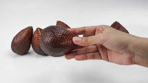 A close-up shot showcasing a handful of baru nuts, with their distinctive reddish-brown shells and wrinkled texture. The nuts are displayed against a blurred background of a Cerrado landscape, emphasizing their origin and natural habitat.