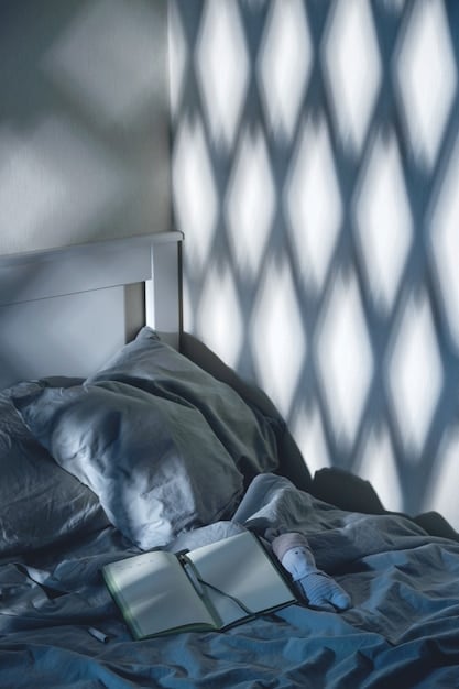 A close-up of a dimly lit bedroom with blackout curtains, a comfortable bed with soft pillows, and a white noise machine on the nightstand, highlighting the creation of an optimal sleep environment.