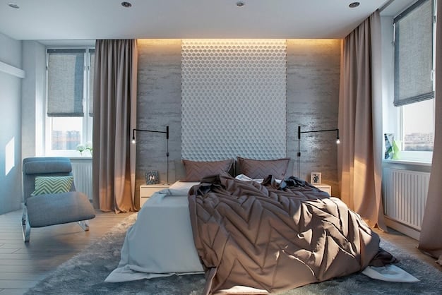 A well-organized and clean bedroom with soft lighting, a comfortable-looking bed, and blackout curtains.
