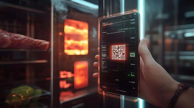 Close-up of a hand scanning a QR code on a package of Brazilian beef. The QR code links to a blockchain-based platform displaying the meat's origin, processing date, and quality certifications.