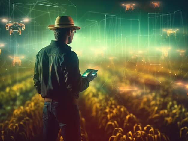 A farmer using a tablet to record data about a crop harvest directly onto a blockchain network. The scene is set against a backdrop of a modern, tech-integrated farm in Brazil.