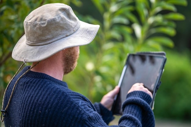 A close-up image of a farmer using a tablet to record data about his crop on a blockchain-based platform, with fields of crops visible in the background. Focus on the tablet screen showing data fields and blockchain icons.