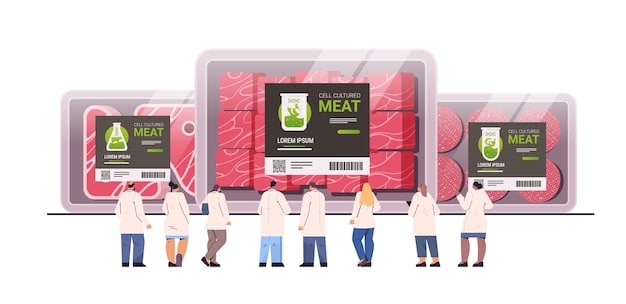 A digital display showing a blockchain transaction related to the sale of a beef product, with details of the origin, processing date, and transportation logistics displayed. The display highlights the security and transparency aspects.