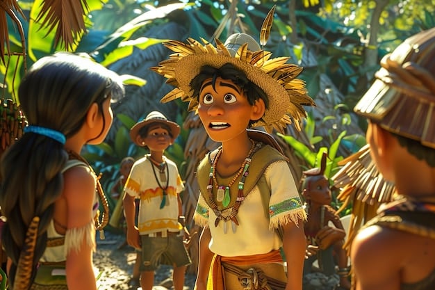 An illustration depicting the first encounter between Portuguese explorers and indigenous Brazilians, showcasing the exchange of goods and the cultural differences.