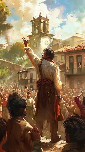 An artistic representation of the first mass in Brazil, showing Friar Henrique de Coimbra leading the ceremony with Portuguese sailors and indigenous people observing with curiosity and apprehension.