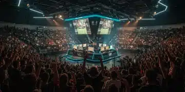 Arena de e-sports vibrante no Brasil em 2026, com jogadores profissionais e público entusiasmado, simbolizando o boom do setor.