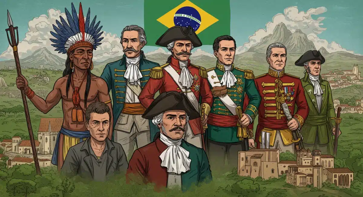 Ilustração digital de figuras históricas brasileiras de diversas épocas, simbolizando a riqueza e complexidade da história do país.