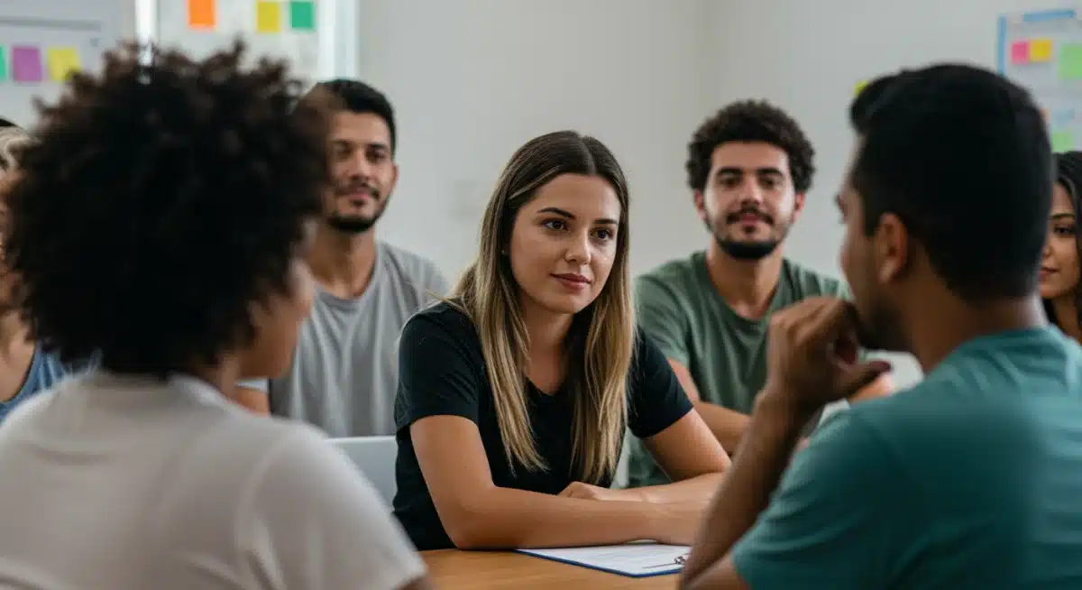 Grupo de apoio comunitário no Brasil, pessoas diversas compartilhando experiências para a saúde mental.
