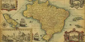 Mapa histórico do Brasil com elementos futuristas para 2026, representando a fusão entre o passado e o presente da nação.